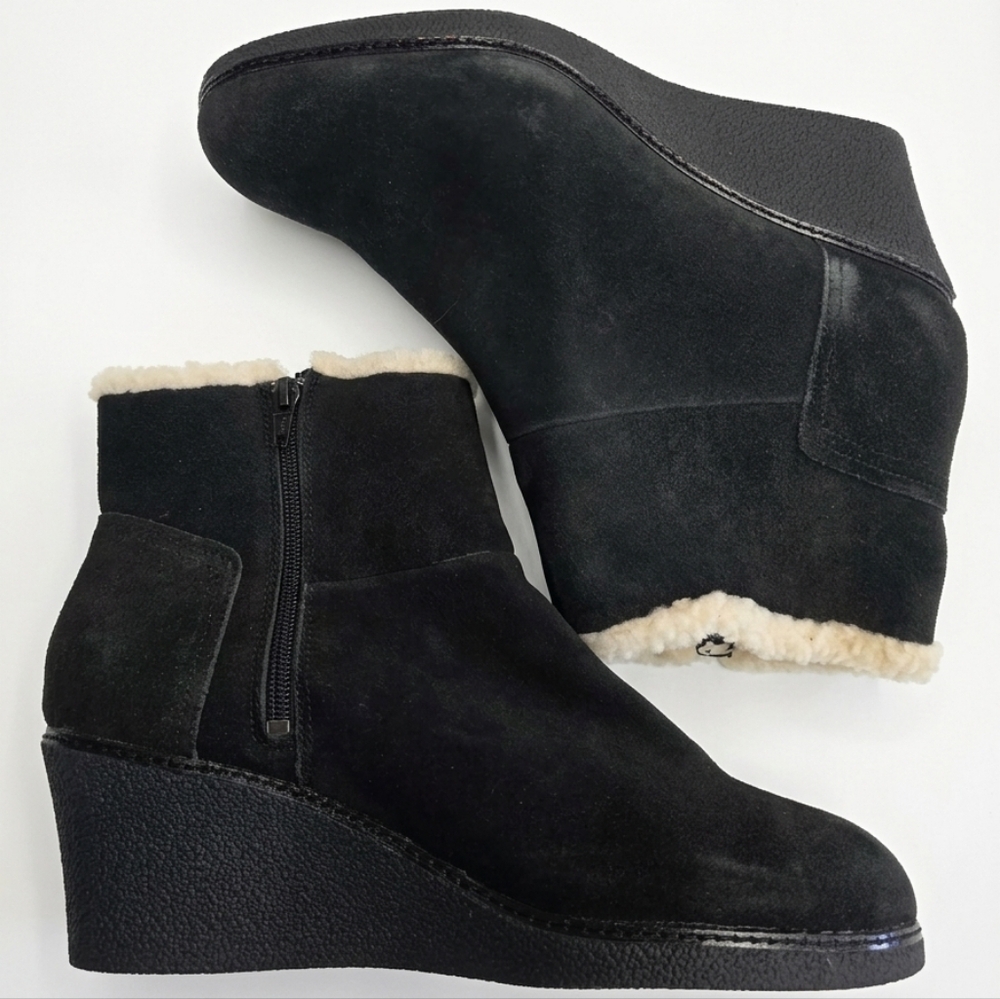 Hush Puppies Black Suede Wedge Ankle Boots Faux Fur Trim - Size 11
